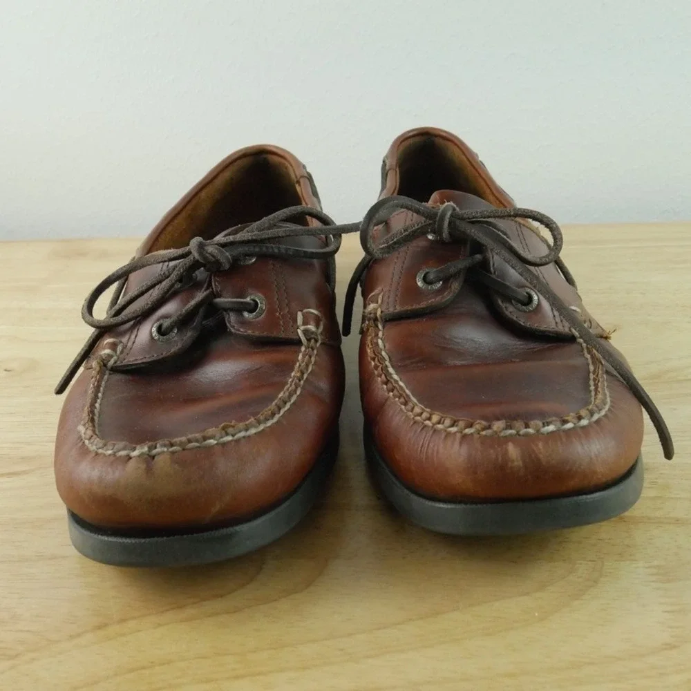 LL Bean Mens Brown Leather Boat Shoes Moc Toe Loafers Size 12 D Heritage Preppy